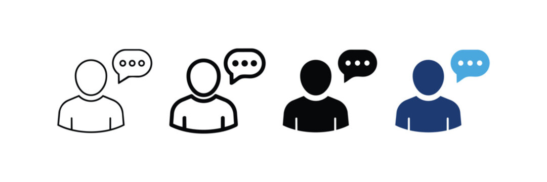 Person typing vector icon set with transparent background, flat black silhouette user speech bubble dots symbols with outline, filled, and blue color variations, chat png design