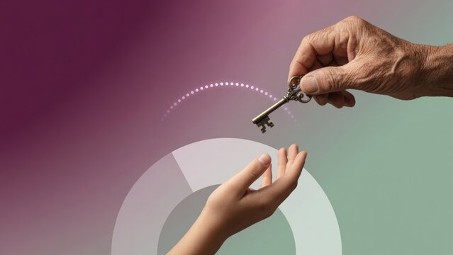 Generational key transfer, a senior hand passing an antique key to a younger hand, symbolizing handover and future