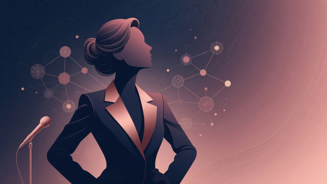 Woman silhouette with microphone, representing female leadership, public speaking, communication, and empowerment in a network