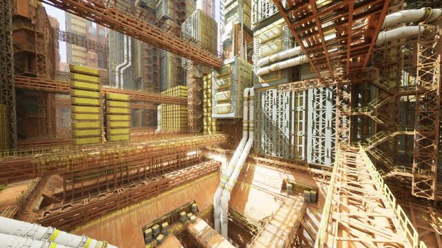 bright futuristic industrial core with clean conduits, illuminated panels, and precise structural beams, sterile yet warm atmosphere suggests advanced