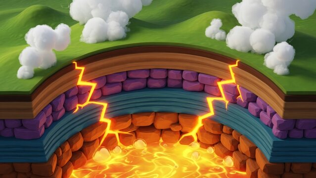 Earth's crust cross section showing tectonic plate activity, cracking rock layers, and flowing hot magma