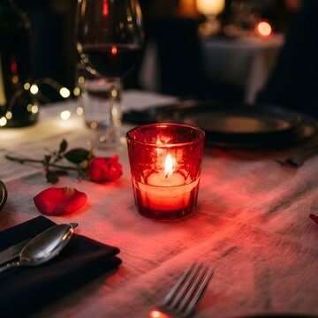 Romantic dinner table setup with glowing red candle rose petals wine glasses and soft string lights in a cozy atmosphere perfect for valentine or