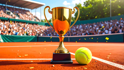 Fototapeta premium Goldener Pokal und Tennisball auf einem Sandplatz mit Konfetti nach Turniersieg
