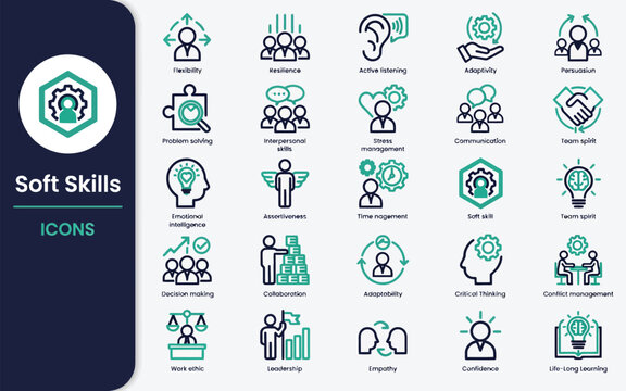 Set of soft skills icons professional business and personal development line icons for presentation, website, and mobile app vector illustration