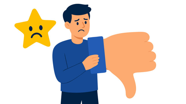 Unhappy frustrated man holding oversized thumbs-down gesture with sad star icon - negative feedback, poor customer review, complaint, dissatisfaction flat vector illustration