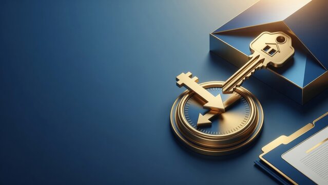 Golden house key and clock dial with arrow symbolizing home ownership, property investment, and mortgage time
