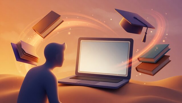 Student learning online connecting with digital education, books and graduation cap orbiting a laptop