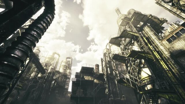 golden industrial towers bathing in light, towering refinery structures glow with warm glare, automated systems and renewable cues suggest energy transition