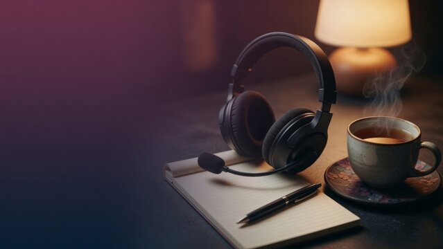 Headset and steaming tea on a desk, creating a focused workspace for study and remote work at home