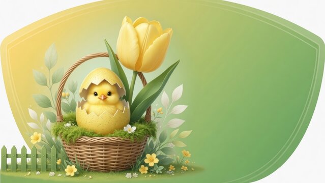 Easter chick hatching from eggshell in a basket with a yellow tulip, celebrating spring and new life