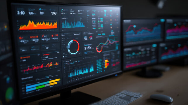 Real-time ISP network monitoring dashboard on computer screen. High-tech data analytics interface displaying broadband performance metrics and conn...