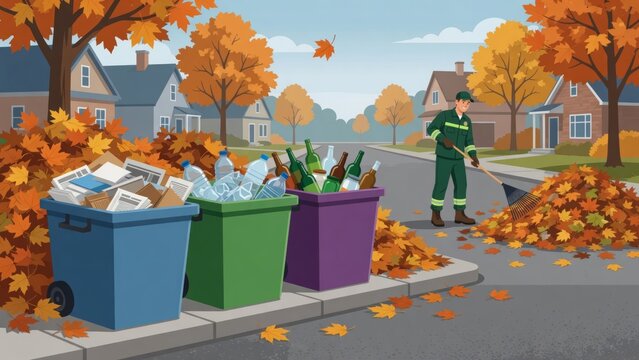Urban street cleaner raking autumn leaves while residential recycling bins collect paper, plastic, and glass waste