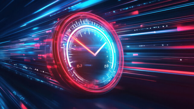 Futuristic digital clock with glowing neon speed lines. High-tech time display featuring vibrant motion blur and cyber effects.