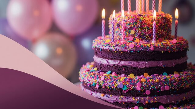 Chocolate birthday cake decorated with vibrant sprinkles and burning candles, marking a special celebration event