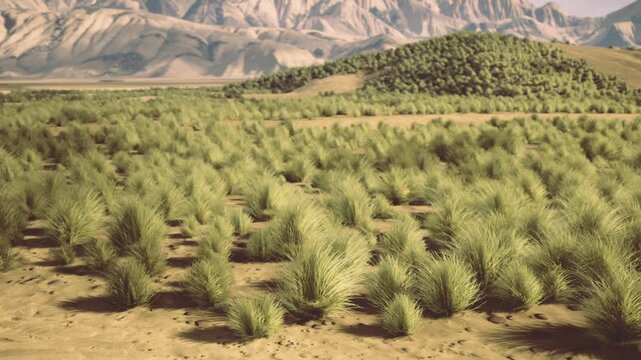 rewilding site showing natural regeneration patches across semi arid plain, young shrubs establishing, reduced human intervention, hopeful recovery,
