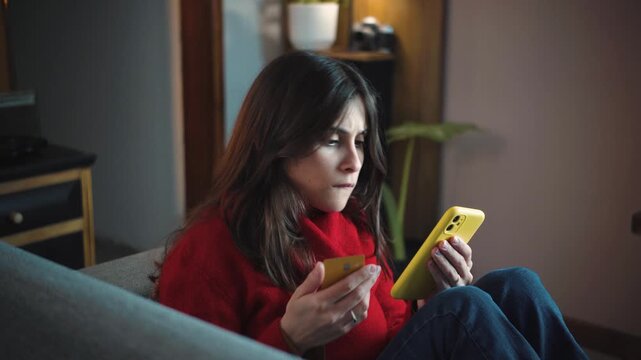 Young Latina woman frustrated after her credit card is declined while trying to make online purchases, showing payment problems, financial stress, and digital shopping difficulties.
