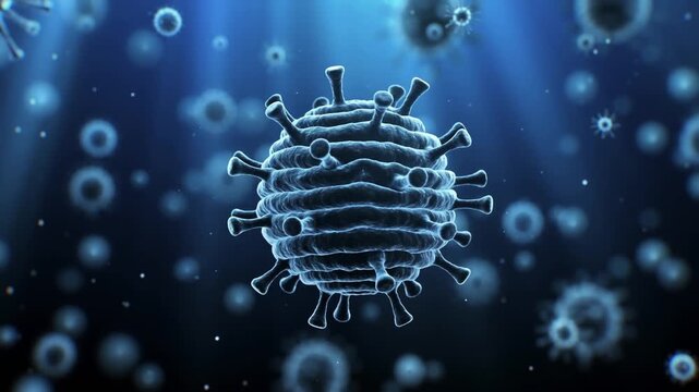 Virus particle with spike proteins on blue background, 3D render