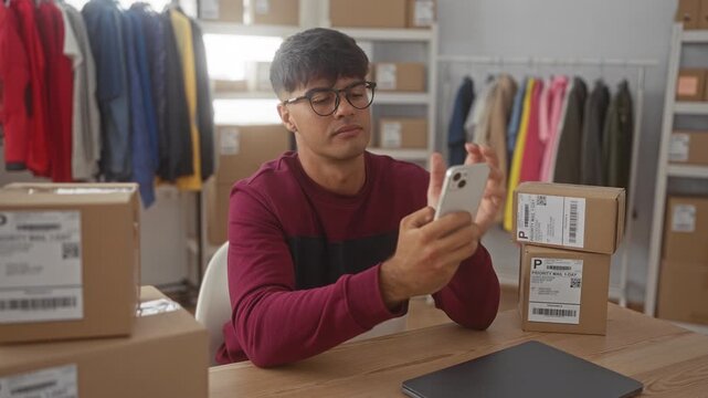 Man holding smartphone, resting chin on hand beside stacked shipping boxes and laptop in studio; entrepreneurial thoughtful.