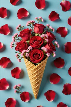 Waffle ice cream cone filled with bouquet of fresh red roses, small pink flowers. Flat lay view of edible pastry container with floral arrangement on blue background. Scattered petals surround sweet