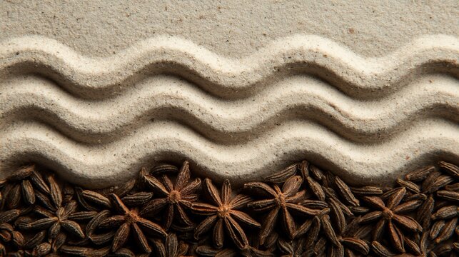 Star anise spice arrangement on sand with wave pattern offering warm visual appeal