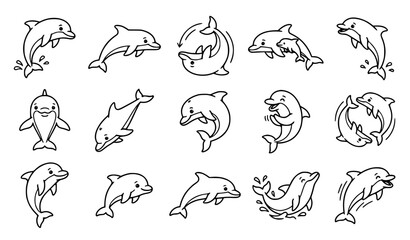 Obraz premium Minimal Black and White Cute Dolphin Line Art Vector Collection with Swimming and Jumping Cartoon Characters