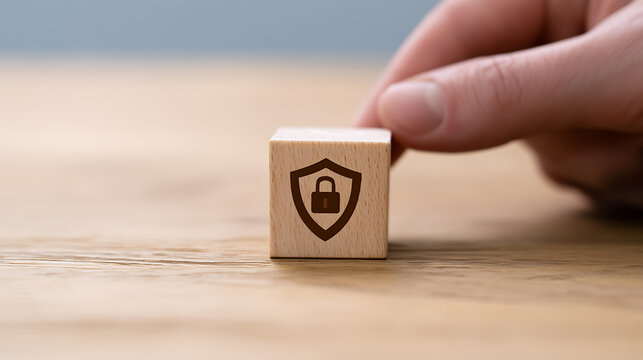 A hand places a small wooden cube with a security shield and padlock icon on a light wooden table, symbolizing protection and data safety measures