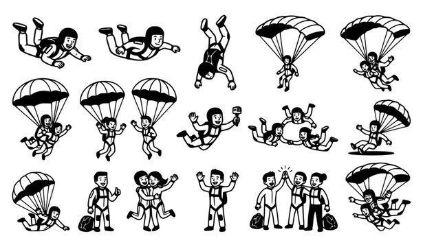 Black and White Parachute Skydiver Character Collection with Couple and Adventure Cartoon Vector Set