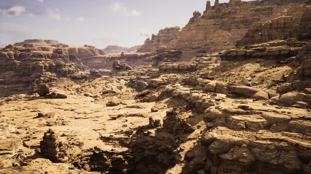 golden hour canyon rim bathing sandstone in warm light with long shadows and rich color contrast, intimate textures and expansive mood for cinematic visuals