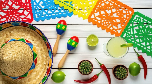 Fiesta scene with sombrero maracas margarita drink red chili peppers lime and cactus plants. Colorful papels picados decorates white wooden background. Cinco de Mayo celebration setup.