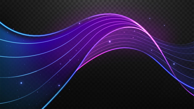 Abstract Neon Wavy Lines with Glowing Particles on Dark Background, Vector Illustration
