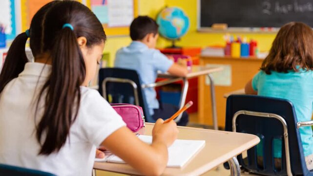 Pupils are concentrated on writing their assignments in a bright classroom with colorful decorations. They work quietly at their tables, surrounded by school supplies and learning materials