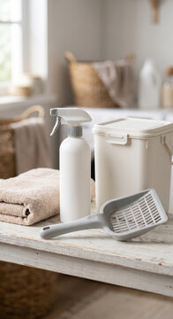 Pet cleaning supplies with bottles, brush, scoop, towel, and container arranged on a bathroom or utility counter with organized pet care supplies