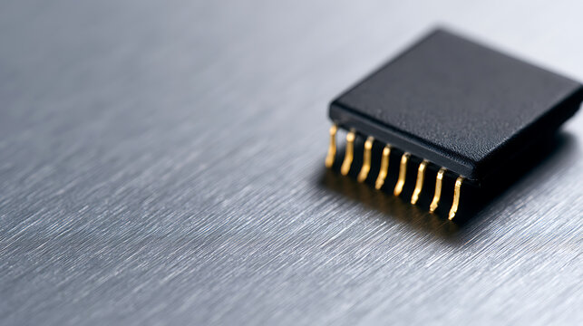 Minimalist digital component with golden pins on brushed metal surface, representing advanced technology and electronic innovation
