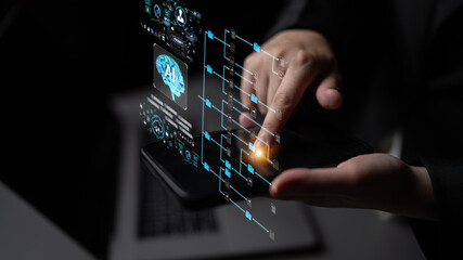 Fototapeta premium Advanced Technology and Artificial Intelligence Concept with Hands and Touchscreen Interface for Innovation and Future Design. Sentient.