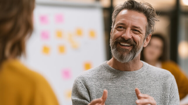 An HR manager explaining a training program to an employee, waist-up shot, whiteboard with notes blurred behind, warm tones, candid photography