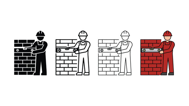 Four variations of a bricklayer working on a brick wall with tools in different color schemes