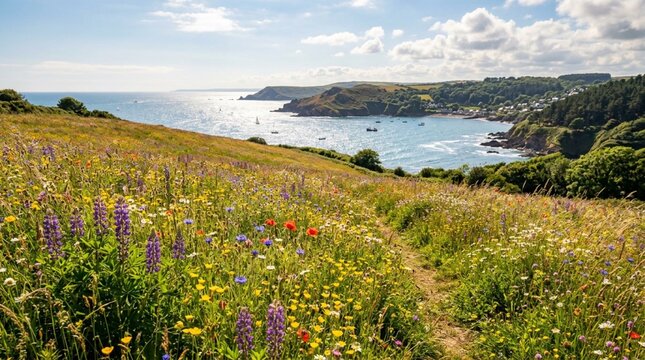A footpath crosses a colorful wildflower meadow above a sunny coastal bay with boats, cliffs, and village houses, useful for travel and tourism promotion.