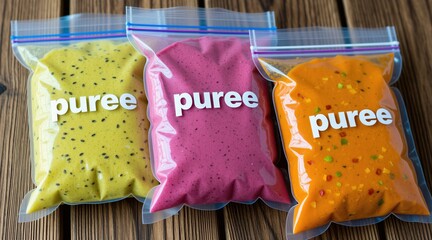 Naklejka na ściany i meble Three sealed plastic bags hold colorful purees, likely baby food smoothie ingredients. Organized by color on wooden surface, suggest healthy, homemade meal prep, convenient nourishment options.