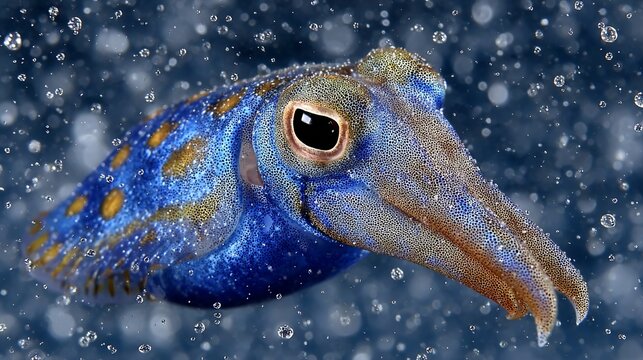 Striking closeup showcasing the intricate details and vibrant colors of a cuttlefish swimming