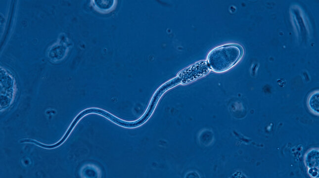 Scientific microscope visualization of healthy sperm cells in blue fluid, fertility and reproductive medicine concept, sperm movement analysis, embryology research and IVF laboratory technology