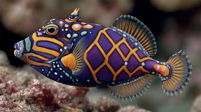 Striking Harlequin Filefish with Vibrant Colors and Intricate Patterns in Coral Reef Habitat