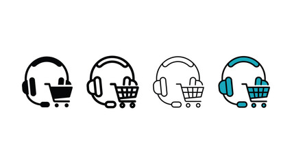Four variations of a customer support headset with shopping cart icon in linear style on a white background © Shafia