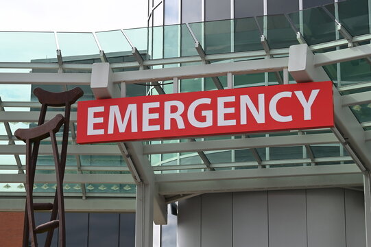 Red Emergency Sign at a hospital ER ED entrance, emergency room department
