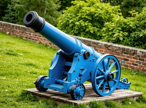 Historic blue cannon rests on grass near brick wall. Artillery piece sits on wooden platform, featuring large wheels and metal barrel, museum show.