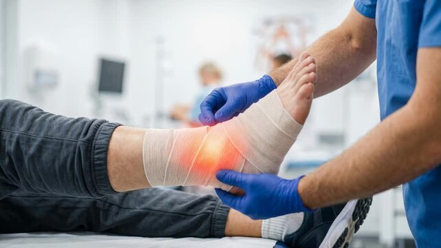 A medical specialist attends to a client with an ankle injury in a hospital room. The personnel carefully wrap the injured area with a bandage. The emphasis is on providing proper care