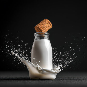 Milk splashing out of a glass bottle with the cork popping out, set against a dramatic black background