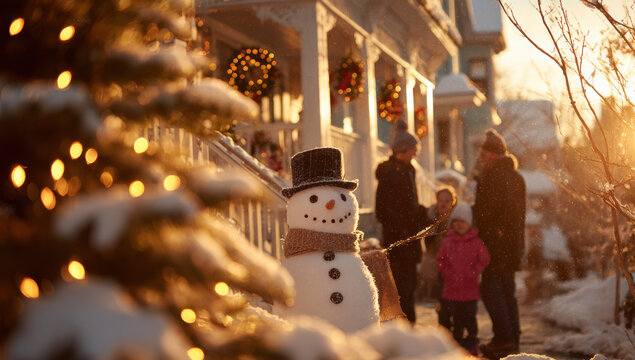 Cheerful snowman greeting winter-clad family near festively decorated house, soft sunset illuminating snowy landscape with holiday warmth