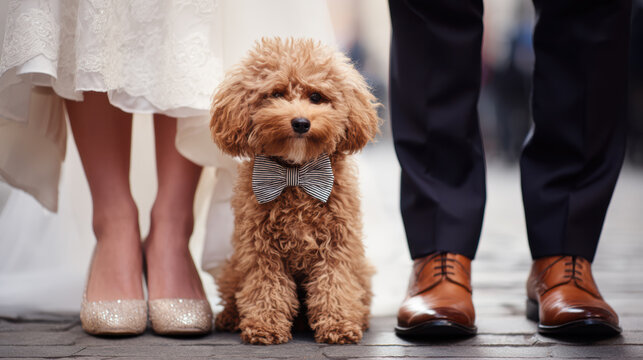Small brown dog wearing a stylish bow tie sitting contentedly near the feet of newlyweds during a joyful wedding ceremony
