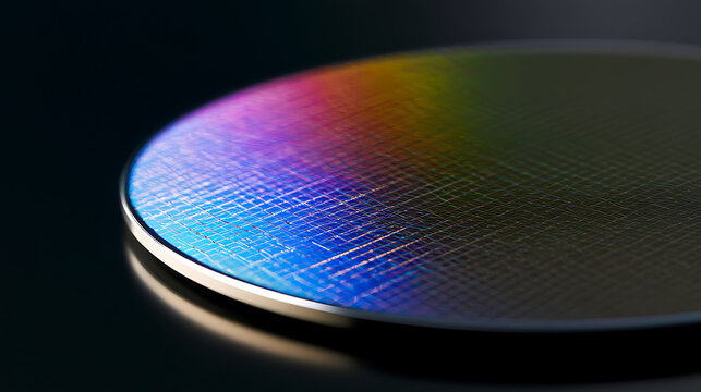 Close up modern high tech silicon wafer with iridescent multicolor reflections, showcasing advanced microchip technology and abstract patterns