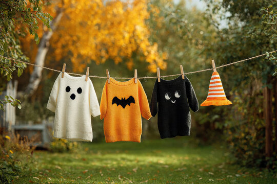 Infant halloween outfits dangling from clothesline, surrounded by autumn leaves and golden garden backdrop
